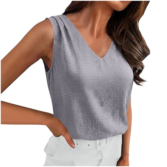 Cilsoka Dressy Tank Tops for Women V Neck Pleated Sleeveless Shirts Summer Casual Blouses Loose Fit Beach Clothes
