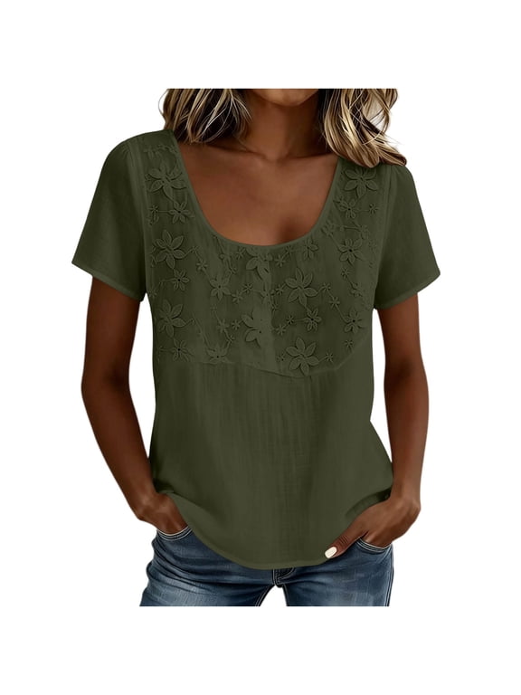 Embroidered Tops for Women Crewneck Gauze Shirts Short Sleeve Peasant Blouse Loose Fit Floral Patchwork Babydoll Tops