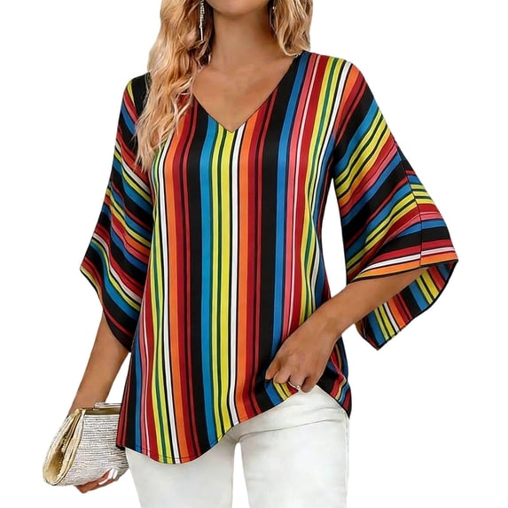 Cilsoka Fashion Tops for Women 2026, Women's Ruffle 3/4 Sleeve Floral Tunic Tops V Neck Double Layers Loose Fit Chiffon Flowy Blouses Shirt, Graphic Trendy Tees