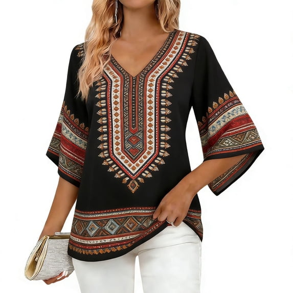 Cilsoka Fashion Tops for Women Trendy Plus Size, Women's Ruffle 3/4 Sleeve Floral Tunic Tops V Neck Double Layers Loose Fit Chiffon Flowy Blouses Shirt, Floral Print Tshirts