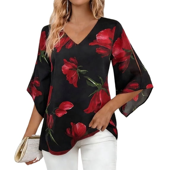 Cilsoka Fashion Tops for Women, Women's Ruffle 3/4 Sleeve Floral Tunic Tops V Neck Double Layers Loose Fit Chiffon Flowy Blouses Shirt, Graphic Trendy Tees