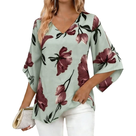 Cilsoka Fashion Tops for Women, Women's Ruffle 3/4 Sleeve Floral Tunic Tops V Neck Double Layers Loose Fit Chiffon Flowy Blouses Shirt, Graphic Trendy Tees