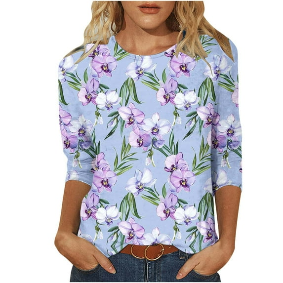 Cilsoka Fashion Tops Work, 3/4 Length Sleeve Womens Tops Crew Neck Vintage Floral Print Shirts Casual Loose Fit Basic Tunic Blouses, Graphic Trendy Tees