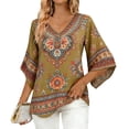 thumbnail image 1 of Cilsoka Fashion Tops Work, Women's Ruffle 3/4 Sleeve Floral Tunic Tops V Neck Double Layers Loose Fit Chiffon Flowy Blouses Shirt, Graphic Trendy Tees, 1 of 5