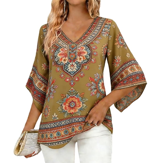 Cilsoka Fashion Tops Work, Women's Ruffle 3/4 Sleeve Floral Tunic Tops V Neck Double Layers Loose Fit Chiffon Flowy Blouses Shirt, Graphic Trendy Tees