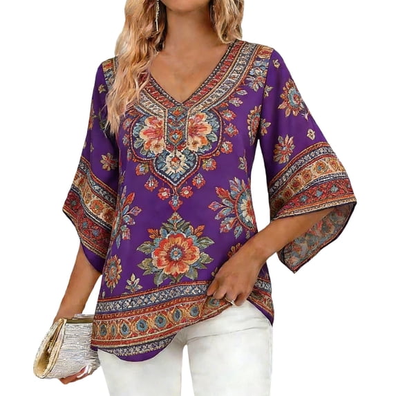 Cilsoka Fashion Tops Work, Women's Ruffle 3/4 Sleeve Floral Tunic Tops V Neck Double Layers Loose Fit Chiffon Flowy Blouses Shirt, Graphic Trendy Tees