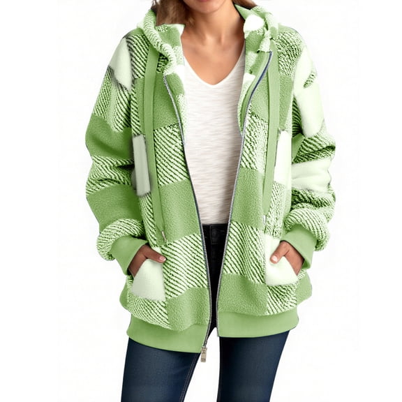 Cilsoka Fleece Jacket Women Flannel Plaid Full Zipper Hooded Faux Fur Coat Sherpa Jacket Open Front Cardigan Oversized Fleece Jackets Fluffy Coat with Pockets