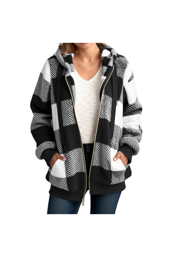 Fleece Jacket Women Flannel Plaid Full Zipper Hooded Faux Fur Coat Sherpa Jacket Open Front Cardigan Oversized Fleece Jackets Fluffy Coat with Pockets