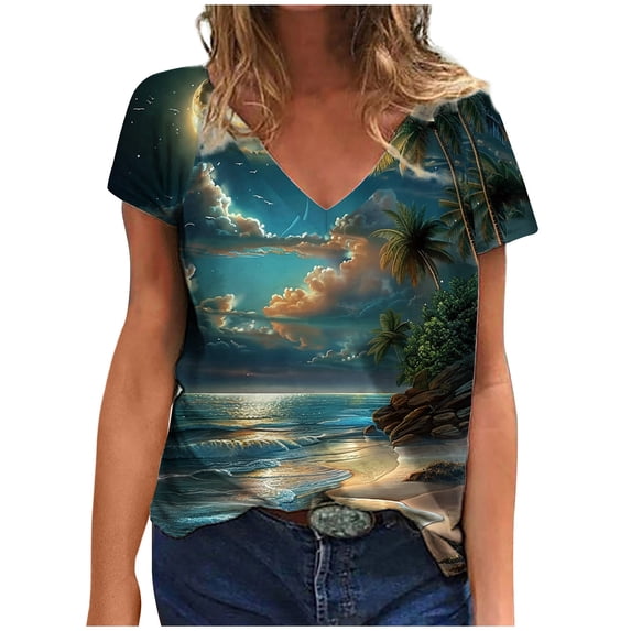 Cilsoka Graphic Tees for Women Oversized, Womens Short Sleeve Tops Summer Fashion Animal Print T Shirt Casual V Neck Button Blouses Sea Turtle Graphic Tees