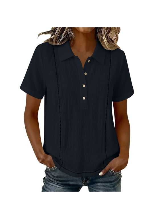 Henley Shirts for Women Short Sleeve Stitched Dressy Casual Summer Boho Button Tops Loose Fit Tunic Top Work Blouses