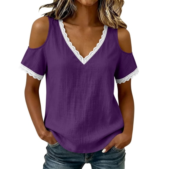 Cilsoka Lace Crochet Cold Shoulder Tops for Women Trendy Summer Short Sleeve Tunic Shirts Casual Loose Blouses