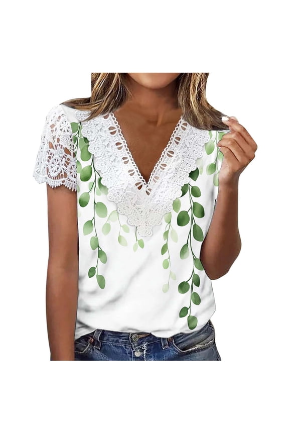 Ladies Tops and Blouses Petite Size, Short Sleeve Shirts for Women Casual 2026 Summer Fashion Lace Trim V Neck Shirt Tunic Tops Floral Blouses T Shirts