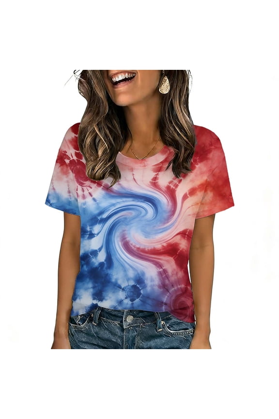 Ladies Tops and Blouses Petite Size, Womens Summer Short Sleeve Floral Print T Shirts Tie Dye Crew Neck Tops Blouses for Women Dressy Casual Tunic Tops, Graphic Trendy Tees