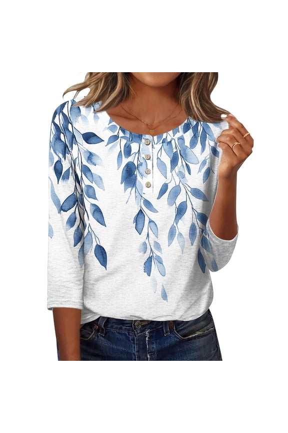 Ladies Tops and Blouses Short Sleeve, Womens 3/4 Length Sleeve Tunic Tops Casual Crew Neck Shirts Business Work Blouses Trendy Flowy Tees, Graphic Trendy Tees