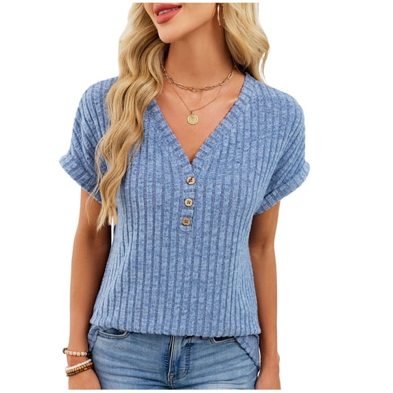 Cilsoka Ladies Tops and Blouses for Summer 2026 Shirts for Womens V Neck Short Sleeves Button Up Solid Ribbed Knit Loose Fit Casual Pullover T-Shirt Blouse Tops