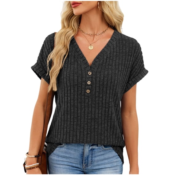 Cilsoka Ladies Tops and Blouses for Summer 2026 Shirts for Womens V Neck Short Sleeves Button Up Solid Ribbed Knit Loose Fit Casual Pullover T-Shirt Blouse Tops