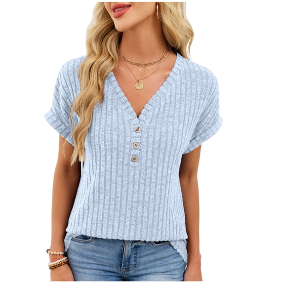 Cilsoka Ladies Tops and Blouses for Summer 2026 Shirts for Womens V Neck Short Sleeves Button Up Solid Ribbed Knit Loose Fit Casual Pullover T-Shirt Blouse Tops