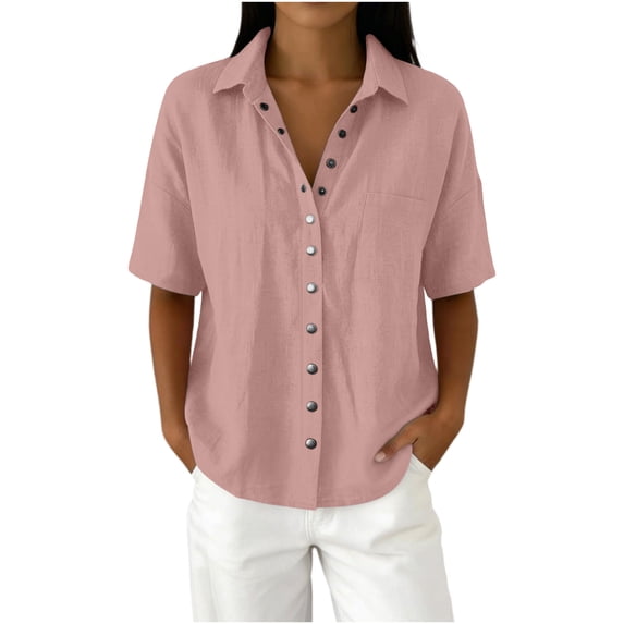 Cilsoka Linen Button Down Shirt for Women Casual Half Sleeve Blouses Summer Collared Tops
