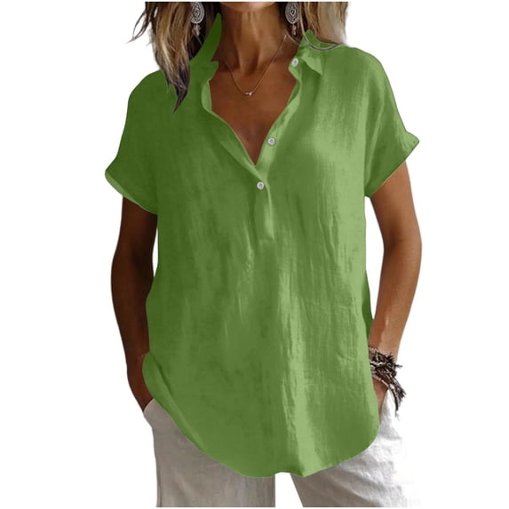 Cilsoka Linen Tops for Women - Summer Gauze Shirts Button Down Short Sleeve V Neck Blouses Dressy Casual Tunic Clothes