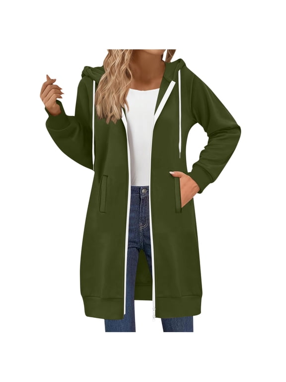Women's Zip Up Long Hoodies Oversized Tunic Sweatshirts Casual Coat with Pocket 2026 Fall Winter Fashion Clothes