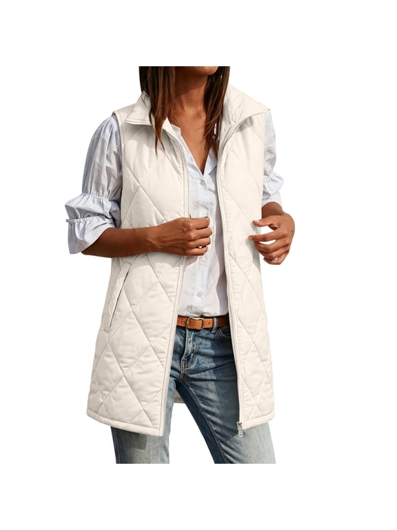Long Quilted Vest Women Lightweight Puffer Vest Women Sleeveless Zip Up Outerwear Stand Collar Gilet Coat Outerwear