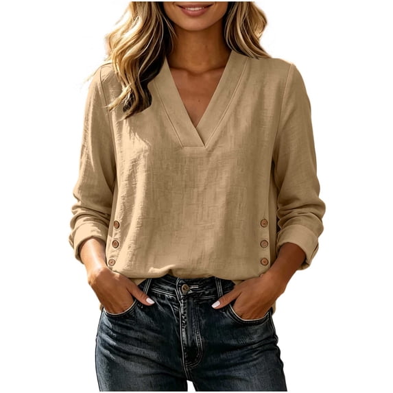 Cilsoka Oversized T Shirts for Women V Neck Linen Long Sleeve Shirts Side Button Solid Loose Casual Pullover Tops