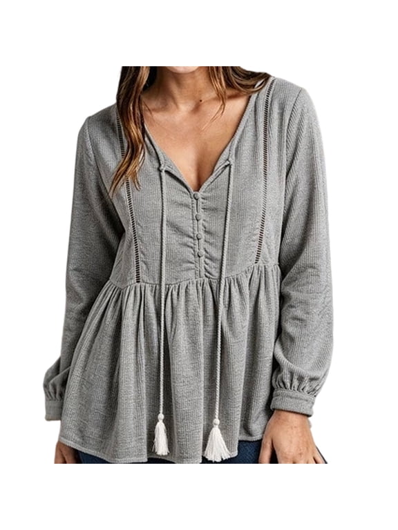 Peplum Tops for Womens Long Sleeve V Neck Fall Blouse | Womens Ribbed Knit Shirts, Boho Tassel Ties, Flattering Babydoll Silhouette, Ladder Lace Trim Details, Casual Daily Tops