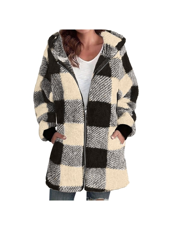 Plaid Flannel Jacket Women Casual Sherpa Lined Zip up Hooded Cardigan Sweaters Plus Size Plaid Shacket Fall Winter Teddy Coat