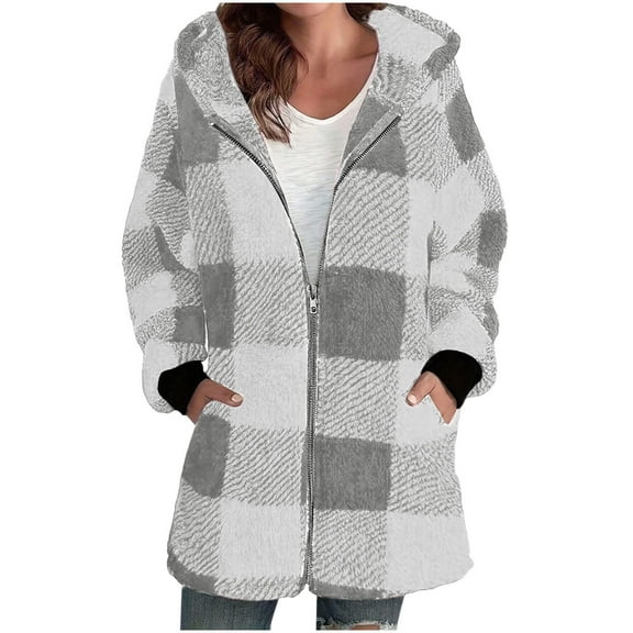 Cilsoka Plaid Flannel Jacket Women Casual Sherpa Lined Zip up Hooded Cardigan Sweaters Plus Size Plaid Shacket Fall Winter Teddy Coat