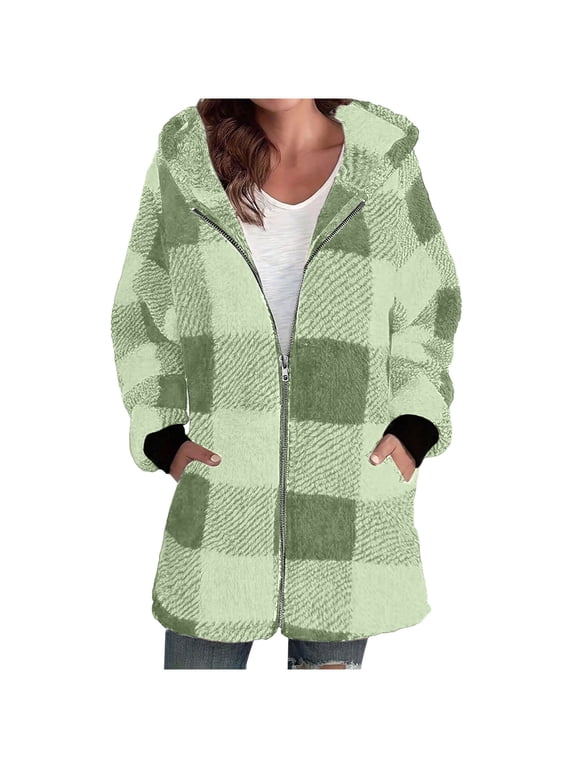 Plaid Flannel Jacket Women Casual Sherpa Lined Zip up Hooded Cardigan Sweaters Plus Size Plaid Shacket Fall Winter Teddy Coat