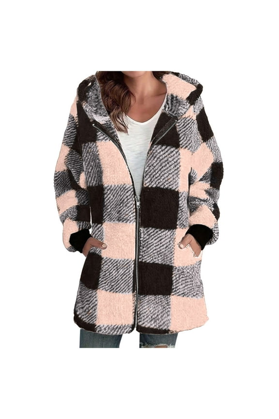 Plaid Flannel Jacket Women Casual Sherpa Lined Zip up Hooded Cardigan Sweaters Plus Size Plaid Shacket Fall Winter Teddy Coat