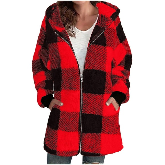 Cilsoka Plaid Flannel Jacket Women Casual Sherpa Lined Zip up Hooded Cardigan Sweaters Plus Size Plaid Shacket Fall Winter Teddy Coat