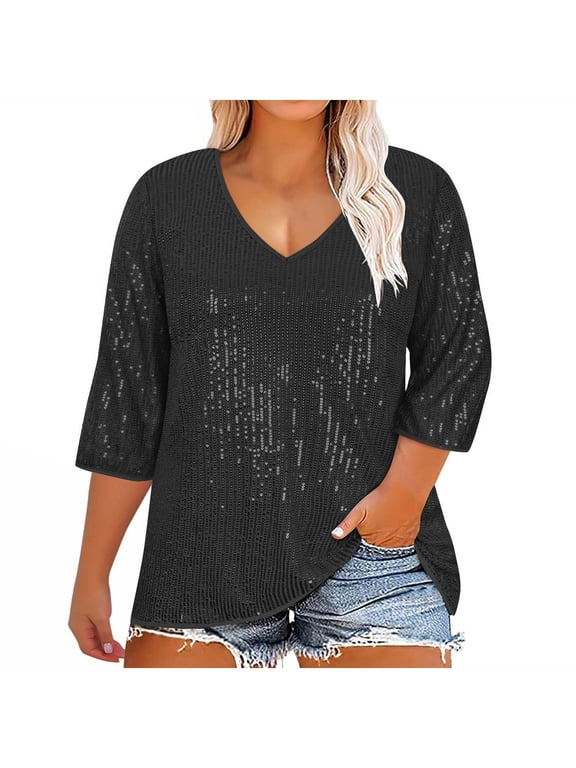 Plus Size Sequin Tops 3/4 Sleeve Shirts for Women Evening Cocktail V Neck Sequin Blouse Tunic Weddings L-5XL