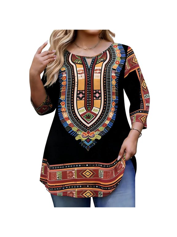 Plus Size Summer Tunic Tops for Women 3/4 Length Sleeve Ethnic Style Shirts Boho Floral Print Dressy Loose Blouse