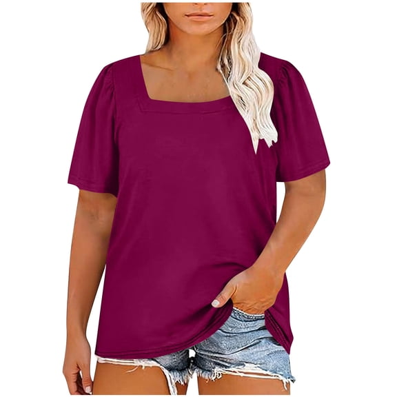 Cilsoka Plus Size Tops for Women Puff Short Sleeve Square Neck Summer Loose Fit Tunic Top for Leggings