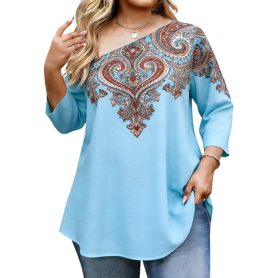 Cilsoka Plus Size Tunic Tops for Women Casual 3/4 Sleeve One Shoulder Summer Shirts Swing Flowy V Neck Blouse Loose Fit Clothing with Leggings