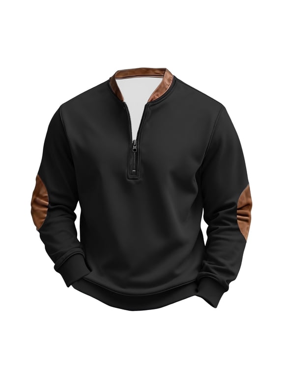 Quarter Zip Pullover Men Stand Collar Corduroy Sweatshirt Casual Chest Zipper Pocket Tops with Suede Elbow Patches