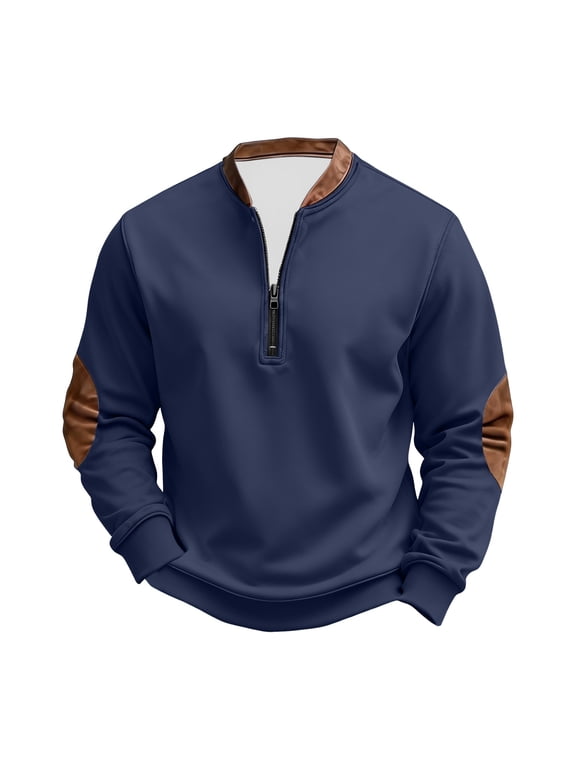 Quarter Zip Pullover Men Stand Collar Corduroy Sweatshirt Casual Chest Zipper Pocket Tops with Suede Elbow Patches