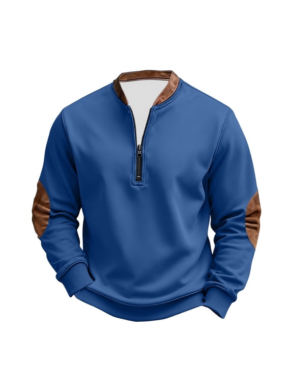 Quarter Zip Pullover Men Stand Collar Corduroy Sweatshirt Casual Chest Zipper Pocket Tops with Suede Elbow Patches
