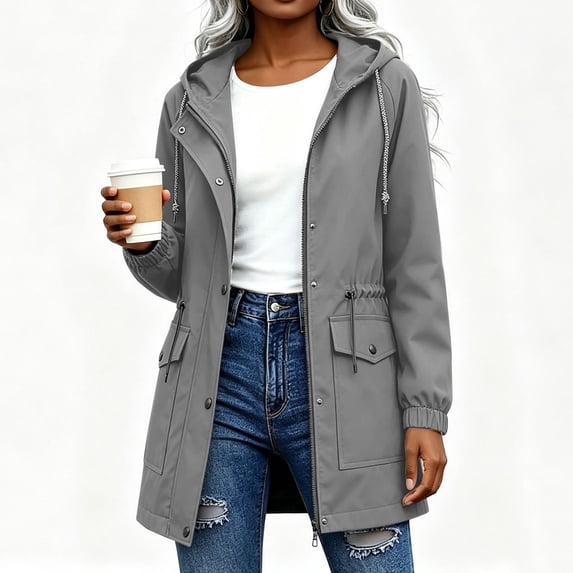Cilsoka Rain Coats for Women Liner Zip Up Long Sleeve Long Hooded Trench Casual Fall Winter Outdoor Jacket with Pockets