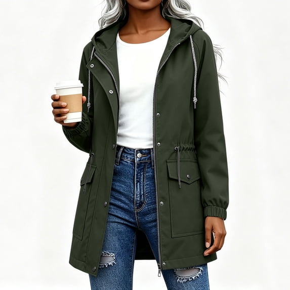 Cilsoka Rain Coats for Women Liner Zip Up Long Sleeve Long Hooded Trench Casual Fall Winter Outdoor Jacket with Pockets