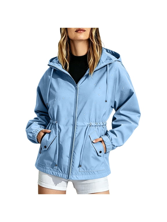 Rain Jacket Women Waterproof with Hood Drawstring Waist Full Zip Raincoat Windbreaker Hiking Fall Jacket Pockets