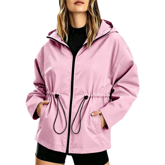 Cilsoka Rain Jacket Women Waterproof with Hood Drawstring Waist Full Zip Raincoat Windbreaker Hiking Fall Jacket Pockets