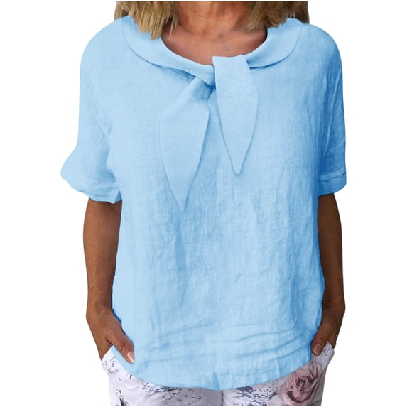 Cilsoka Shirts for Women Tie Neck Trendy Summer Short Sleeve Gauze Tops ...