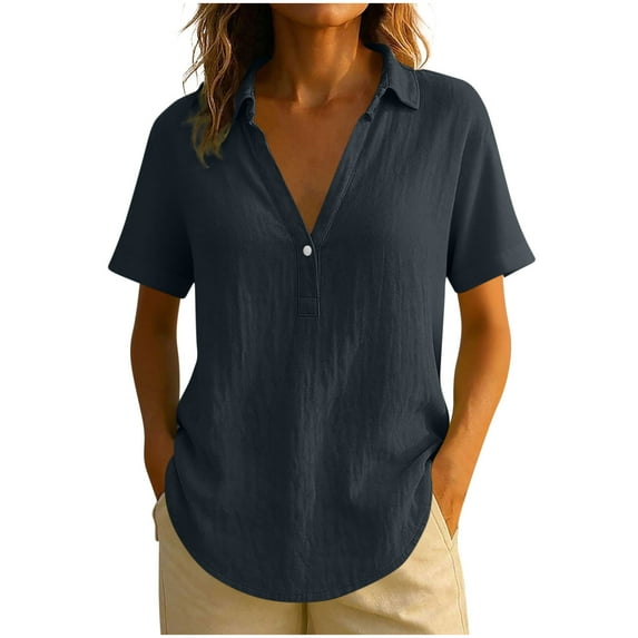 Cilsoka Short Sleeve Linen Shirts for Women V Neck Loose Fit Button Down Tops Solid Color Summer Vacation Outfits