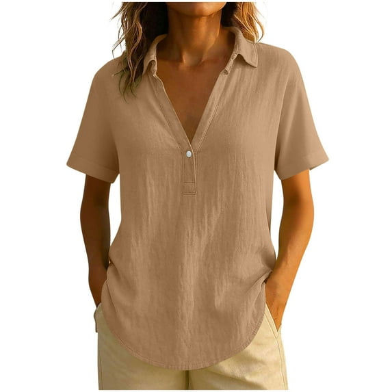 Cilsoka Short Sleeve Linen Shirts for Women V Neck Loose Fit Button Down Tops Solid Color Summer Vacation Outfits
