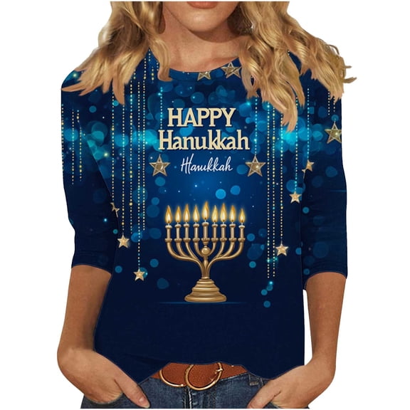 Cilsoka Summer Blouses for Women 2026 Trendy, Hanukkah Shirt Women Menorah Print T Shirts 3/4 Length Sleeve Hanukkah Shirts Loose Fit Crew Neck Tunic Tops, Floral Print Tshirts