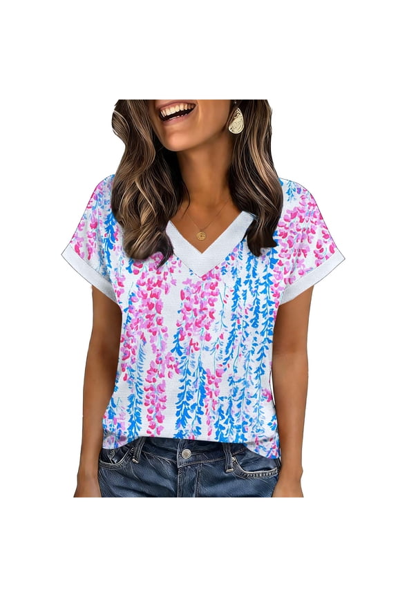 Summer Shirts for Women 2026 Plus Size, Women's Summer Tops Floral Printed V Neck Short Sleeve Summer T Shirts Casual Loose Fit Lightweight Tunic Tee S-XXL, Graphic Trendy Tees