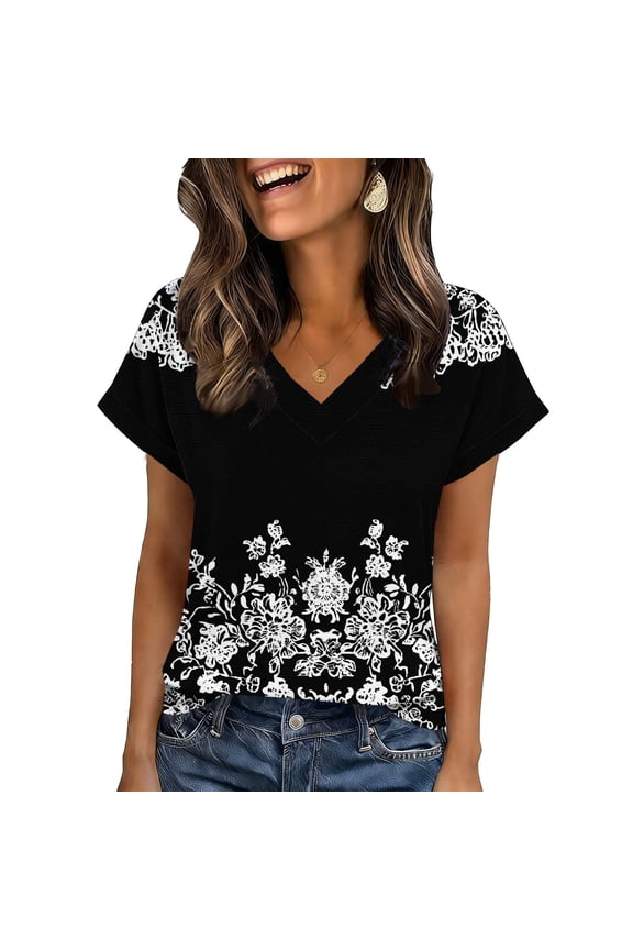 Summer Shirts for Women 2026, Women's Summer Tops Floral Printed V Neck Short Sleeve Summer T Shirts Casual Loose Fit Lightweight Tunic Tee S-XXL, Graphic Trendy Tees