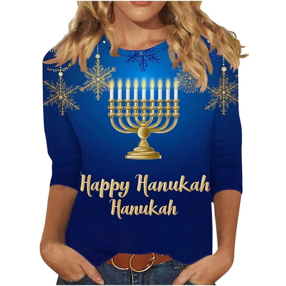 Cilsoka Summer Shirts for Women Dressy Casual, Hanukkah Shirt Women Menorah Print T Shirts 3/4 Length Sleeve Hanukkah Shirts Loose Fit Crew Neck Tunic Tops, Graphic Trendy Tees